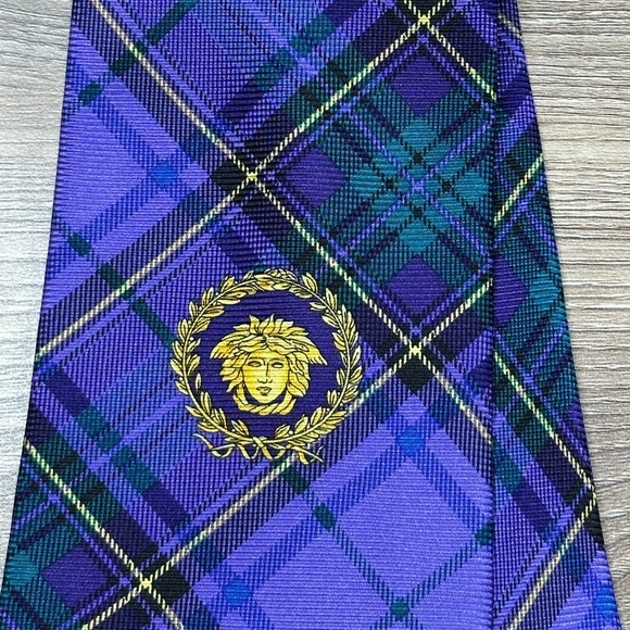 Gianni Versace 100% Silk Tie Medusa Head Baroque Tartan Plaid 57” 3 3/4” - Picture 4 of 11